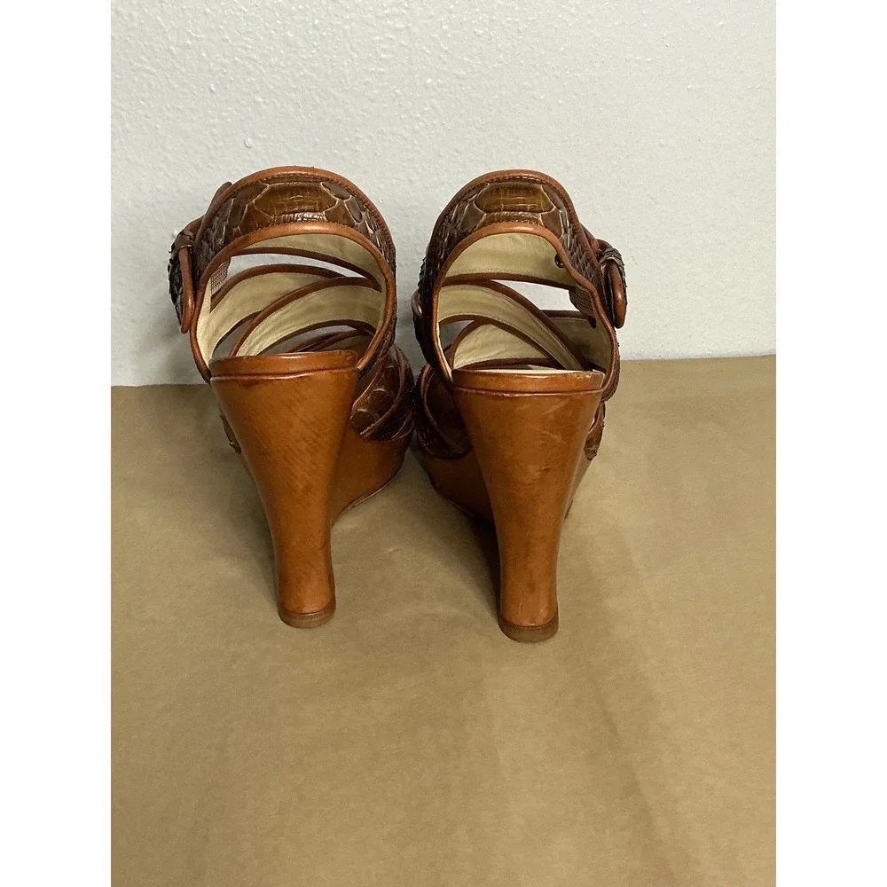 Alexandre‎ Birman Snakeskin Strappy Wedge Sandals Brown Leather Heels